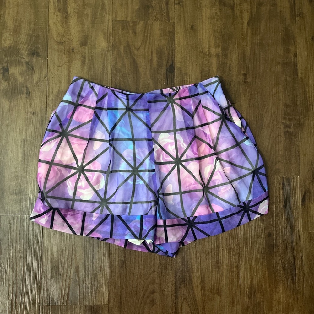 Sabo Skirt purple blue floral grid print shorts.
